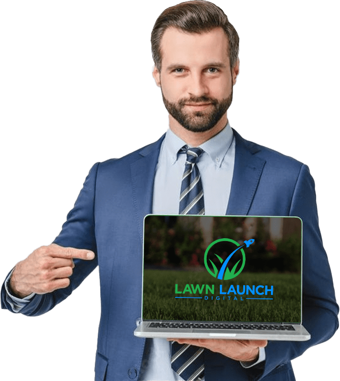 Men holding a laptop of Lawn Launch DIgital